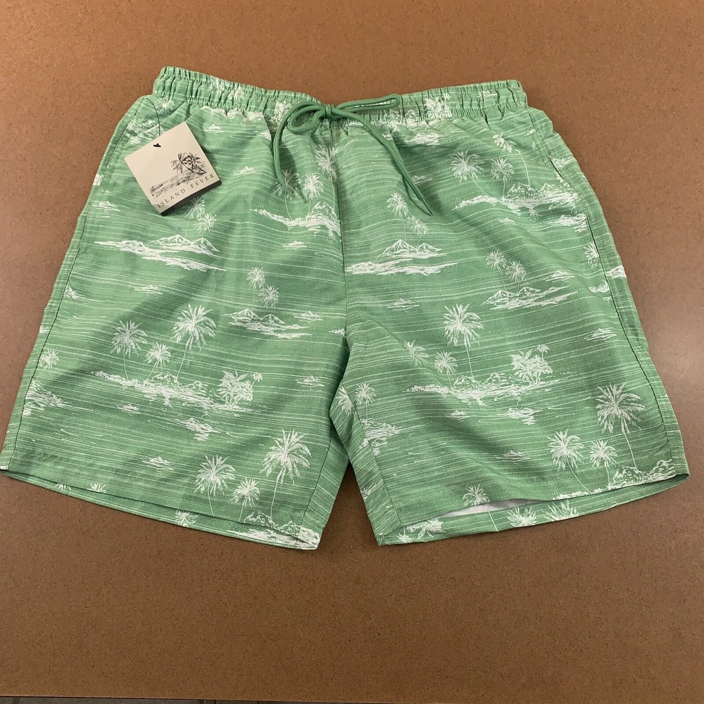 Island Fever Mens Large Green Beach Print Drawstring Mesh Lined Swim Trunks NWT
